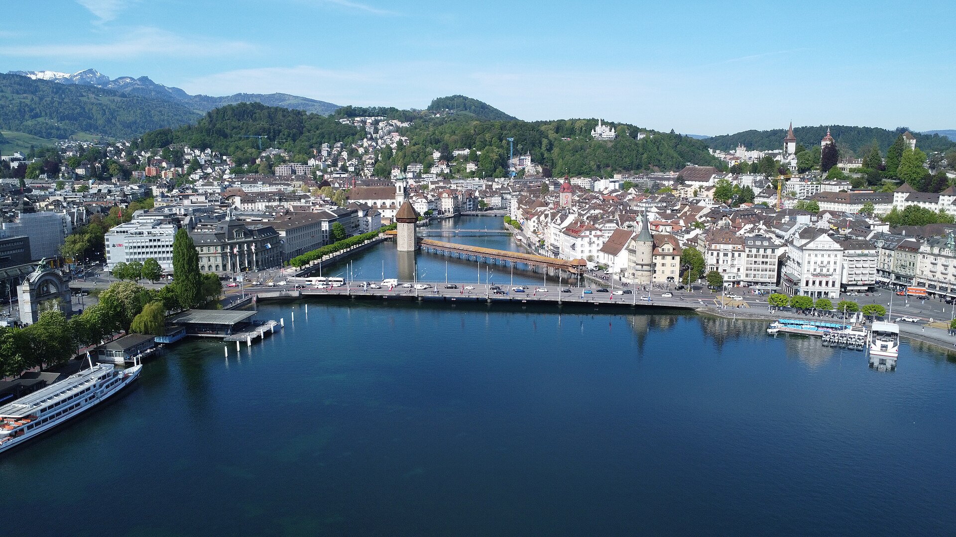 Aerial view of Lucerne, Switzerland, with the lake, the old town and the surrounding mountains